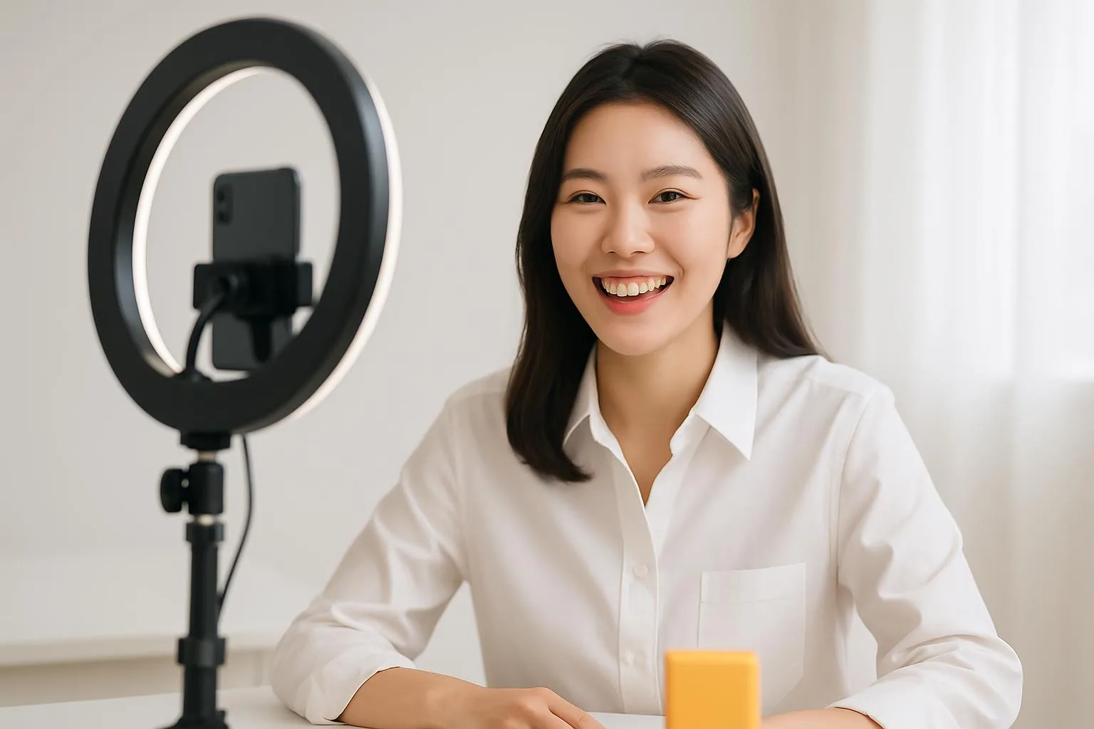 링라이트 옆에서 방송을 준비하며 밝게 웃는 셀러