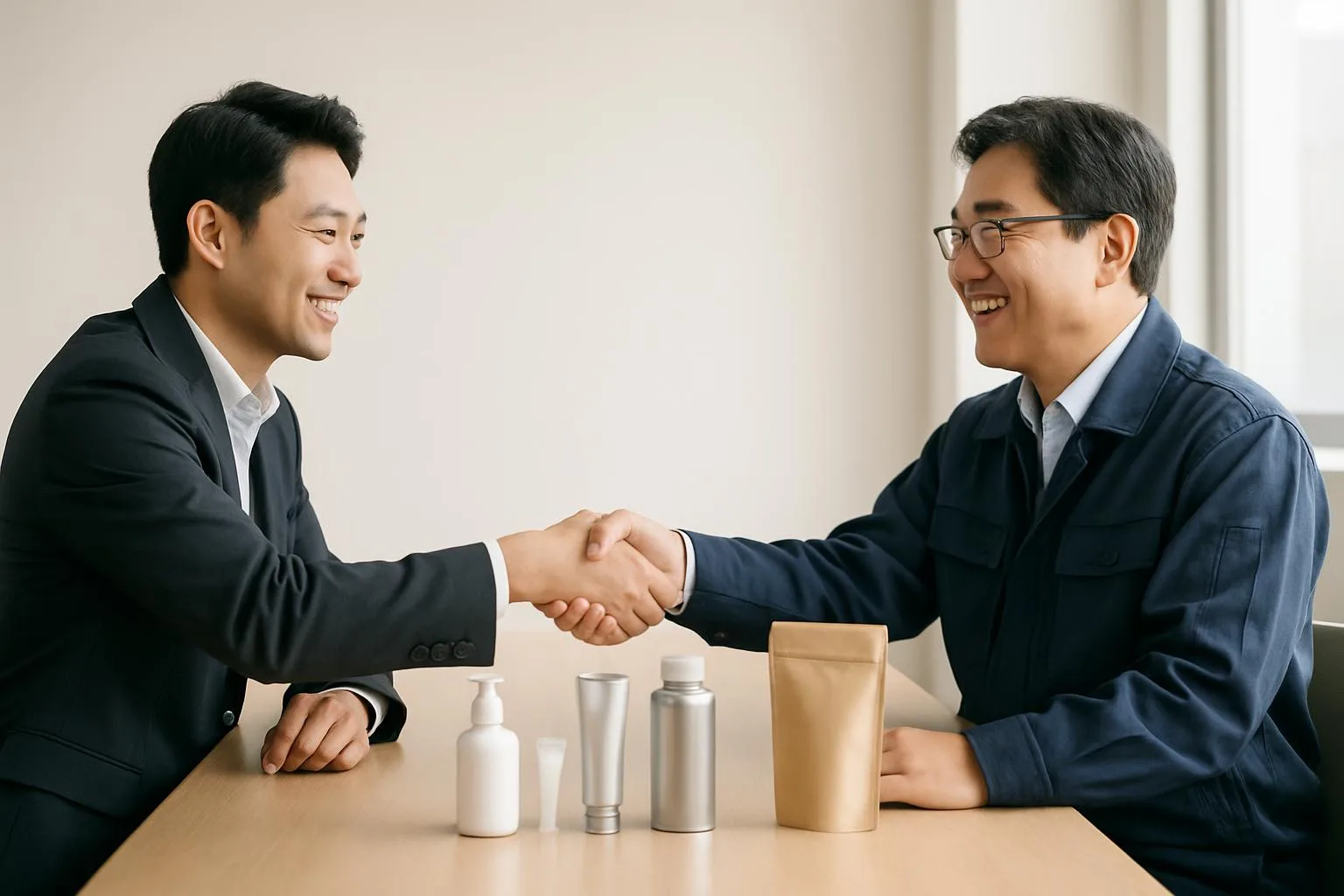 상품 샘플을 놓고 악수하는 셀러와 공급사