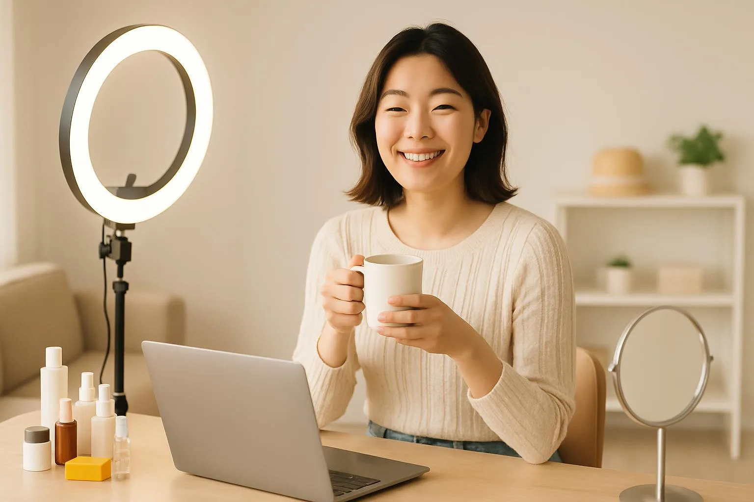 방송 준비가 끝난 스튜디오에서 커피를 들고 여유로운 셀러