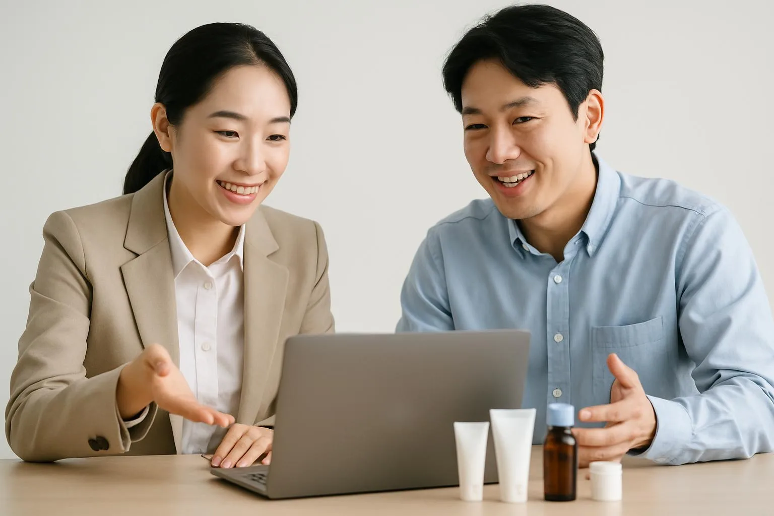 노트북 앞에서 상품을 두고 논의하는 셀러와 공급사